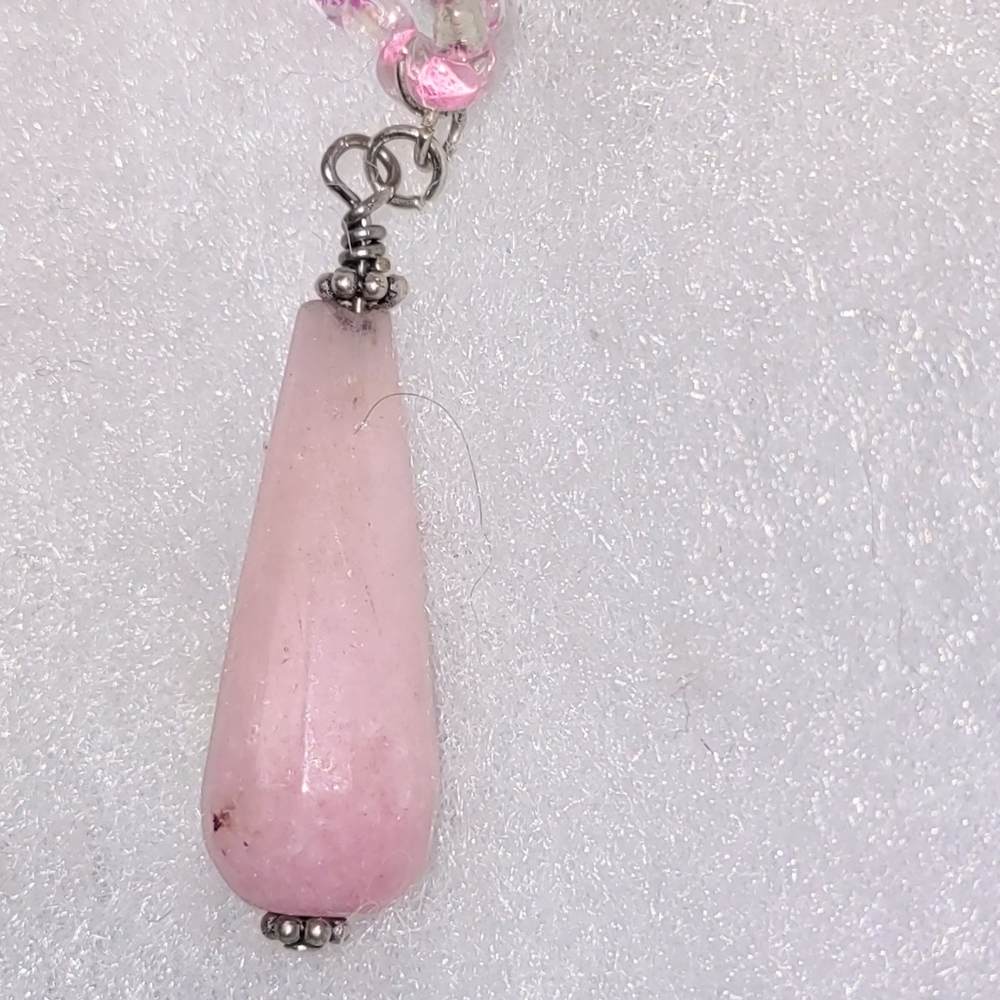 Natural Rose Quartz Teardrop Pendant On Pink Beaded Necklace
